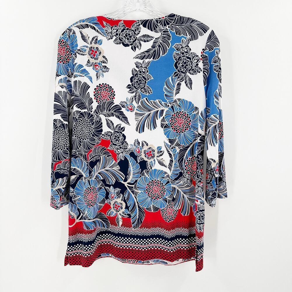 Chico's White Floral 3/4 Sleeve Marigold Cutouts Split-Neck Tunic Top Size Small - Picture 2 of 14